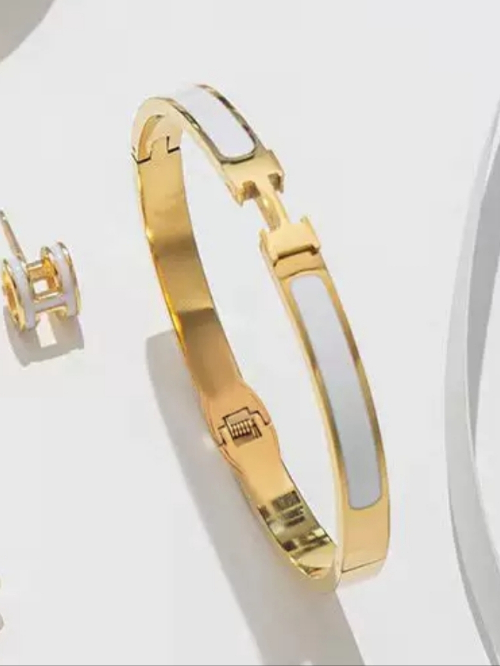 Luxury Inspired White Enamel H Bangle Bracelet Gold Tone Titanium Designer Cuff - Picture 3 of 6